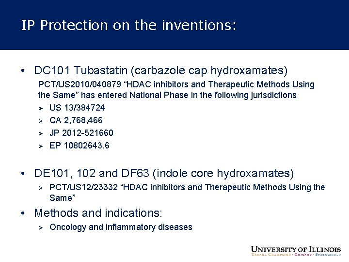 IP Protection on the inventions: • DC 101 Tubastatin (carbazole cap hydroxamates) PCT/US 2010/040879 IP Protection on the inventions: • DC 101 Tubastatin (carbazole cap hydroxamates) PCT/US 2010/040879
