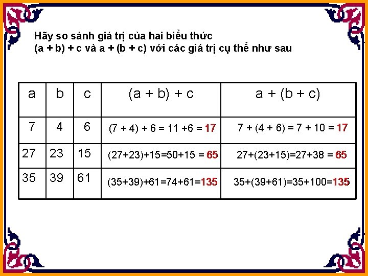 Hãy so sánh giá trị của hai biểu thức (a + b) + c