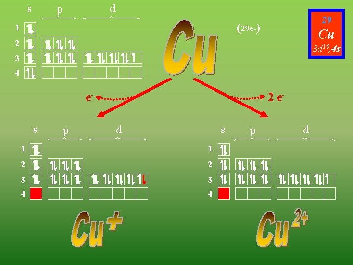 s d p 29 (29 e-) 1 Cu 2 3 d 10, 4 s