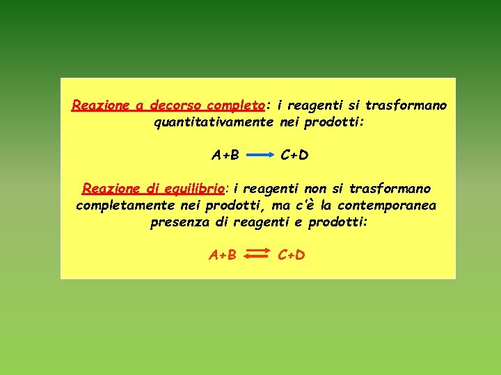 Reazione a decorso completo: i reagenti si trasformano quantitativamente nei prodotti: A+B C+D Reazione