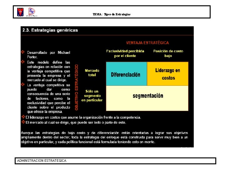 TEMA: Tipos de Estrategias ADMINSTRACION ESTRATEGICA 