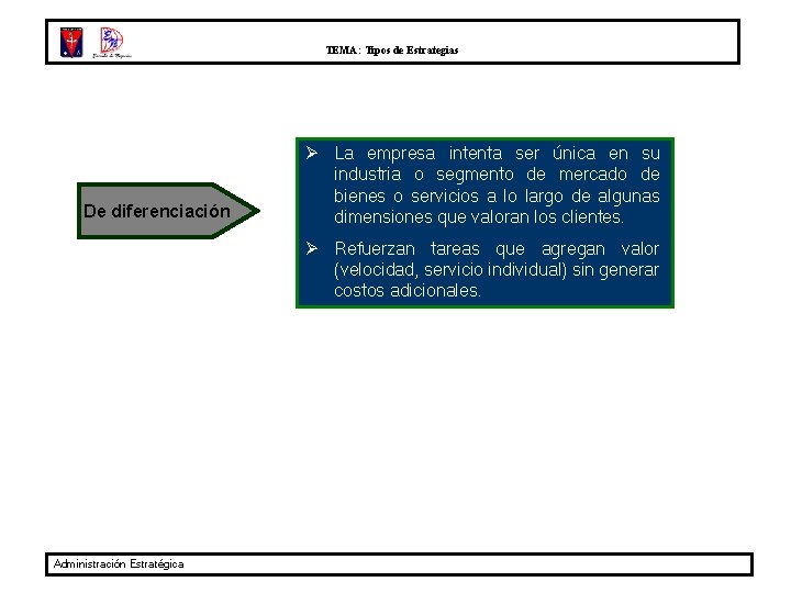 TEMA: Tipos de Estrategias De diferenciación Ø La empresa intenta ser única en su