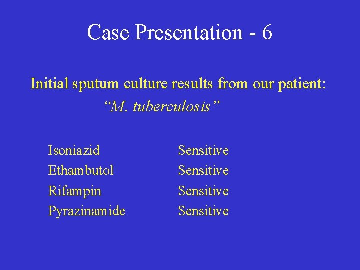 Case Presentation - 6 Initial sputum culture results from our patient: “M. tuberculosis” Isoniazid