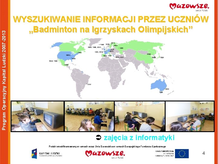 Program Operacyjny Kapitał Ludzki 2007 -2013 WYSZUKIWANIE INFORMACJI PRZEZ UCZNIÓW „Badminton na Igrzyskach Olimpijskich”