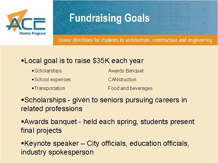 §Local goal is to raise $35 K each year §Scholarships Awards Banquet §School expenses