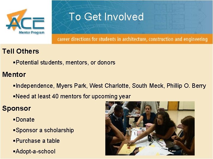 To Get Involved Tell Others §Potential students, mentors, or donors Mentor §Independence, Myers Park,