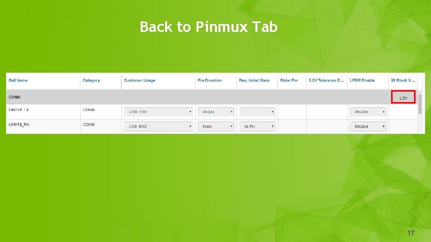 Back to Pinmux Tab 17 17 