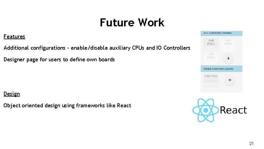 Future Work Features Additional configurations - enable/disable auxiliary CPUs and IO Controllers Designer page