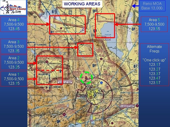 WORKING AREAS Reno MOA Base 13, 000’ Area 4 7, 500 -9, 500 123. WORKING AREAS Reno MOA Base 13, 000’ Area 4 7, 500 -9, 500 123.