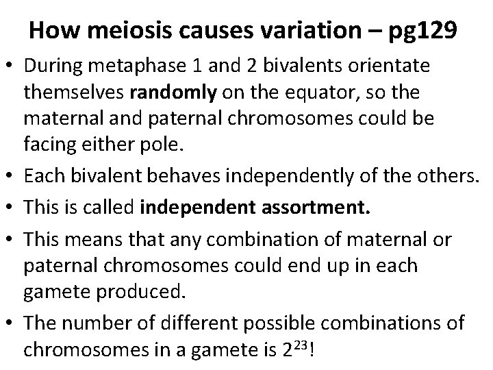 How meiosis causes variation – pg 129 • During metaphase 1 and 2 bivalents