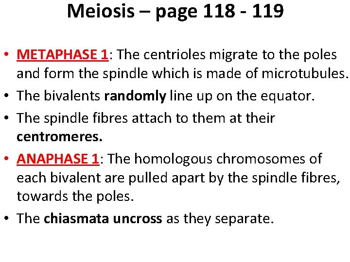 Meiosis – page 118 - 119 • METAPHASE 1: The centrioles migrate to the