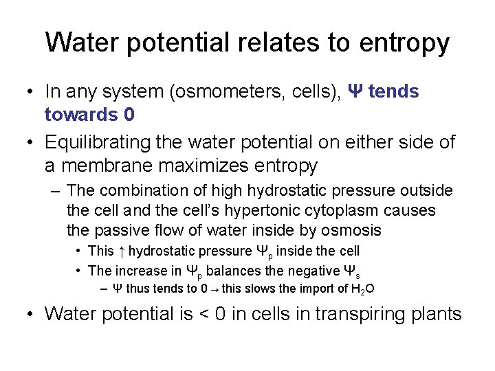 Water potential relates to entropy • In any system (osmometers, cells), Ψ tends towards