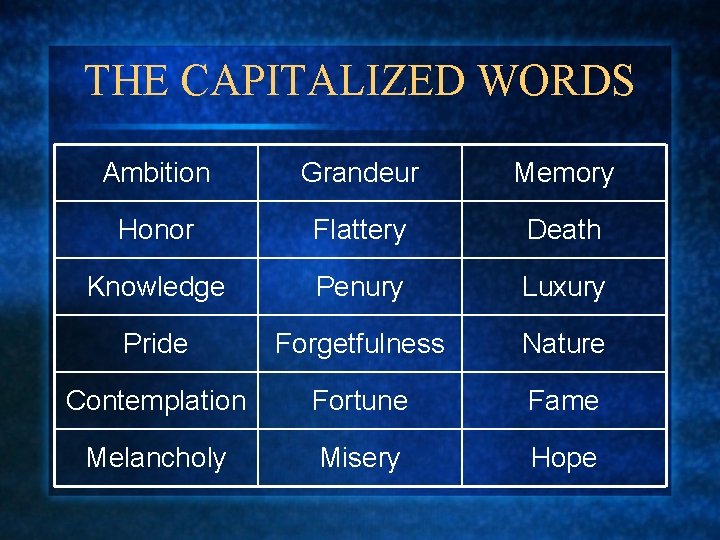 THE CAPITALIZED WORDS Ambition Grandeur Memory Honor Flattery Death Knowledge Penury Luxury Pride Forgetfulness