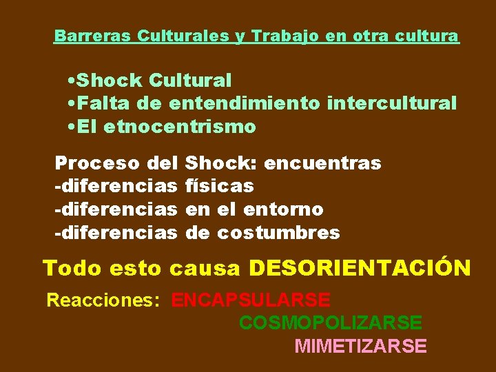 Barreras Culturales y Trabajo en otra cultura • Shock Cultural • Falta de entendimiento