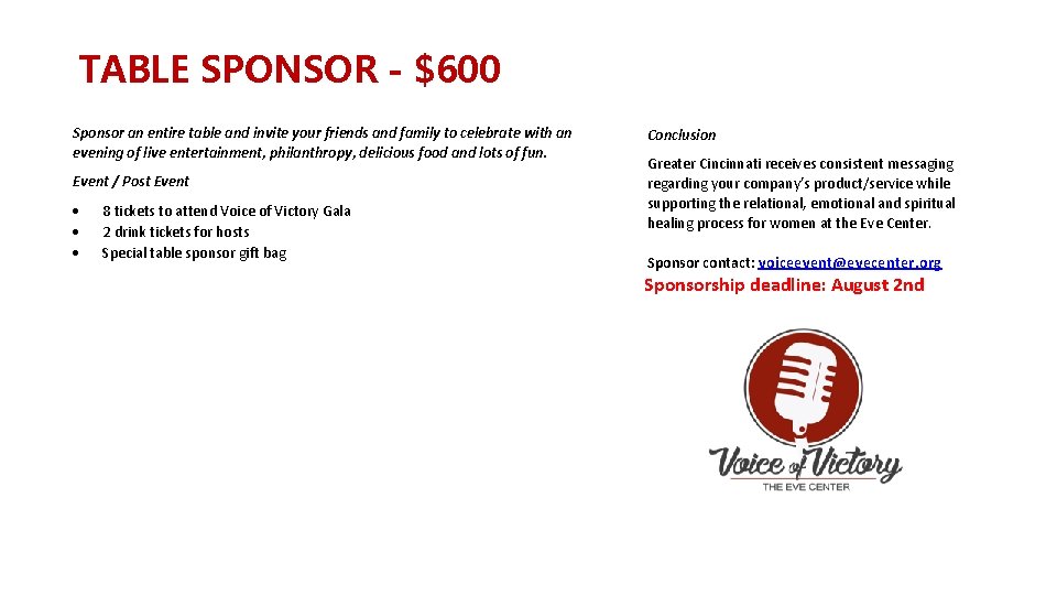 TABLE SPONSOR - $600 Sponsor an entire table and invite your friends and family