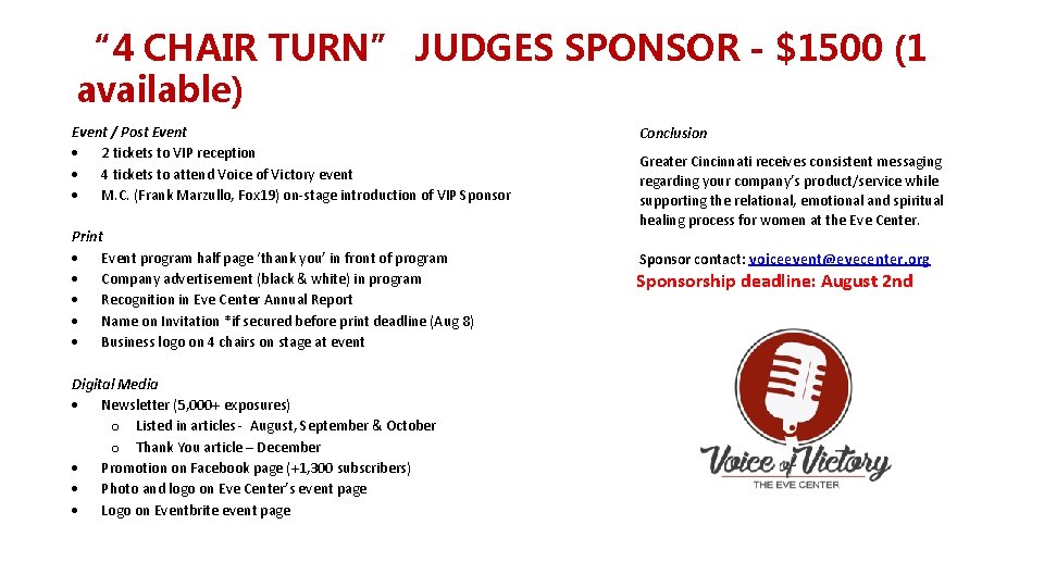 “ 4 CHAIR TURN” JUDGES SPONSOR - $1500 (1 available) Event / Post Event
