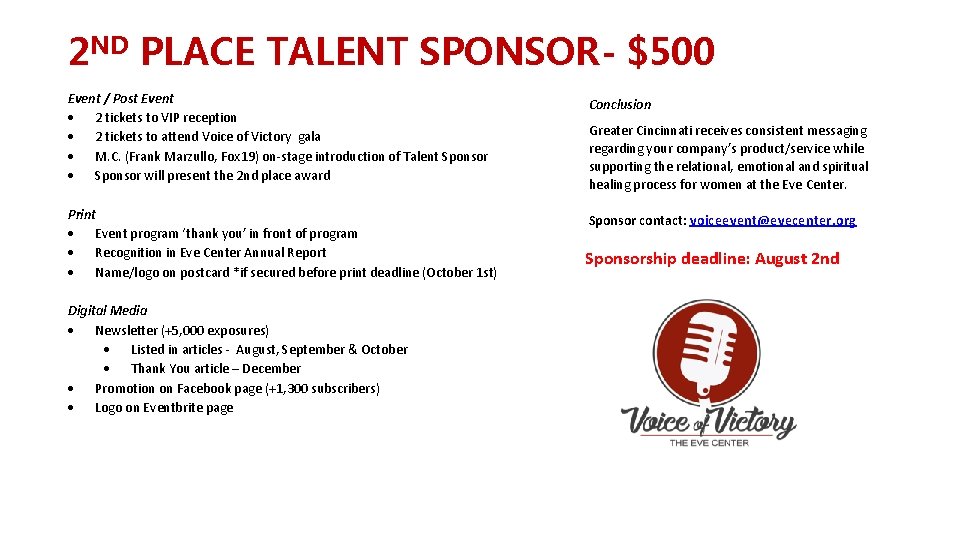 2 ND PLACE TALENT SPONSOR- $500 Event / Post Event 2 tickets to VIP