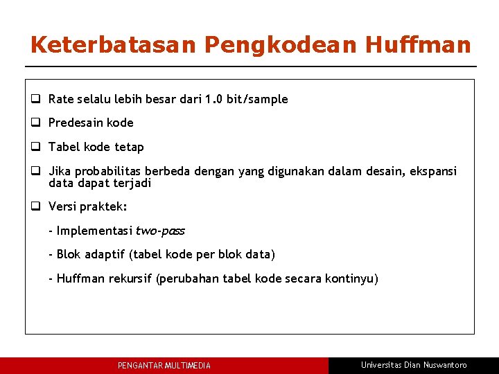 Keterbatasan Pengkodean Huffman q Rate selalu lebih besar dari 1. 0 bit/sample q Predesain