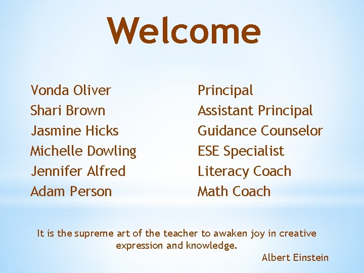 Welcome Vonda Oliver Shari Brown Jasmine Hicks Michelle Dowling Jennifer Alfred Adam Person Principal