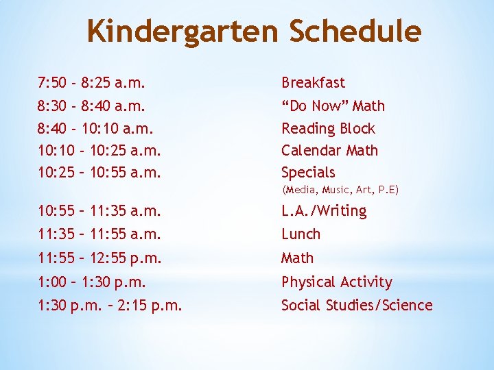 Kindergarten Schedule 7: 50 - 8: 25 a. m. Breakfast 8: 30 - 8: