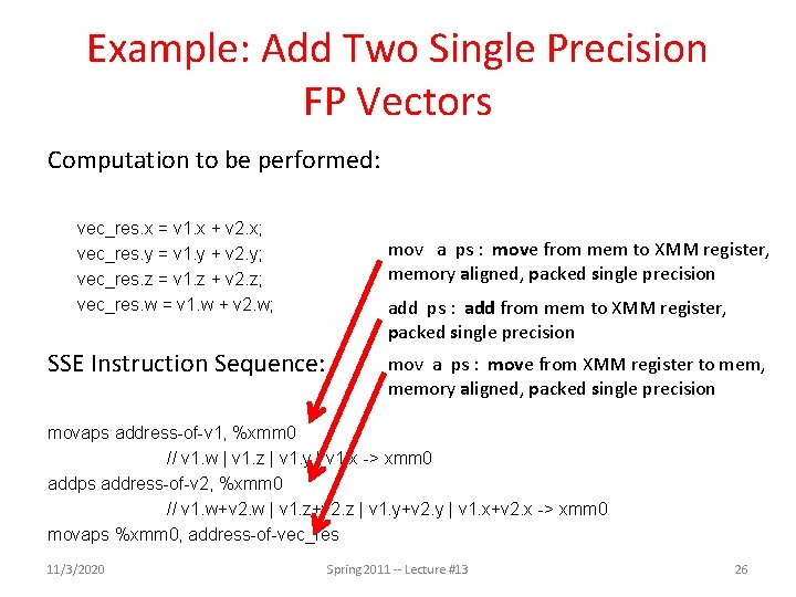 Example: Add Two Single Precision FP Vectors Computation to be performed: vec_res. x = Example: Add Two Single Precision FP Vectors Computation to be performed: vec_res. x =