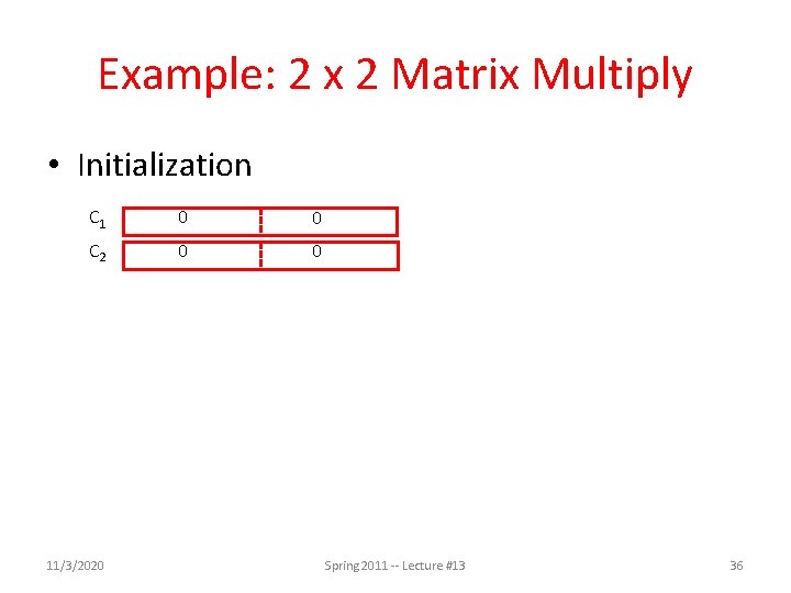 Example: 2 x 2 Matrix Multiply • Initialization C 1 0 0 C 2 Example: 2 x 2 Matrix Multiply • Initialization C 1 0 0 C 2