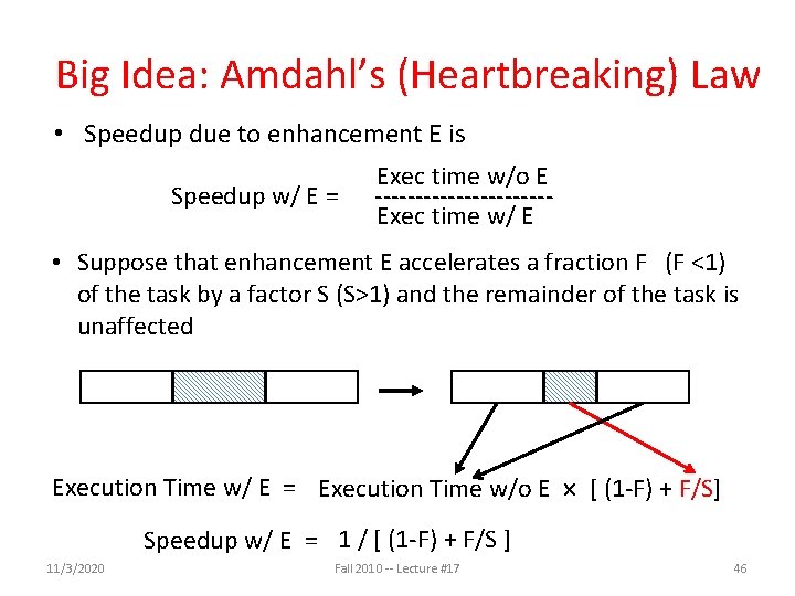 Big Idea: Amdahl’s (Heartbreaking) Law • Speedup due to enhancement E is Speedup w/ Big Idea: Amdahl’s (Heartbreaking) Law • Speedup due to enhancement E is Speedup w/