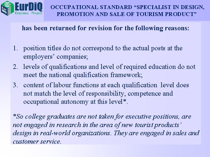 OCCUPATIONAL STANDARD “SPECIALIST IN DESIGN, PROMOTION AND SALE OF TOURISM PRODUCT” has been returned