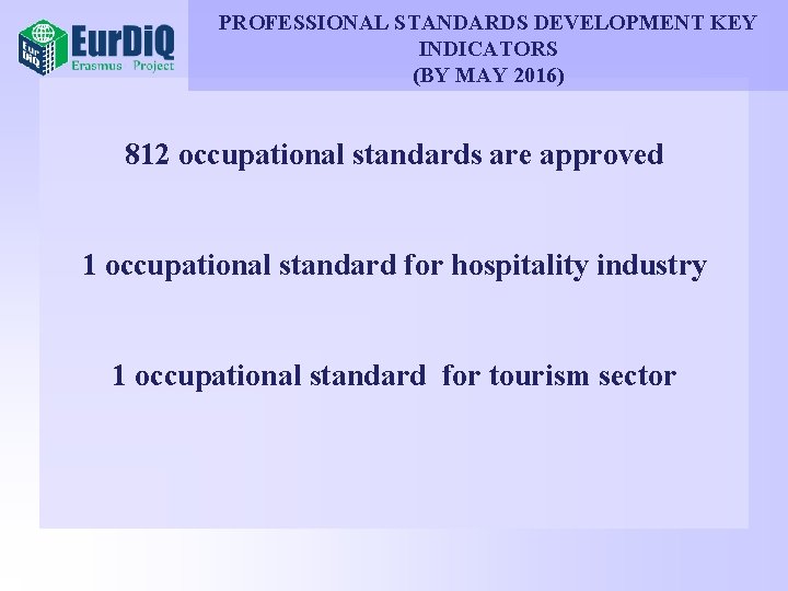 PROFESSIONAL STANDARDS DEVELOPMENT KEY INDICATORS (BY MAY 2016) 812 occupational standards are approved 1