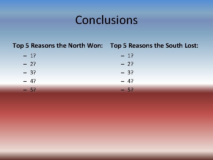 Conclusions Top 5 Reasons the North Won: – – – 1? 2? 3? 4?