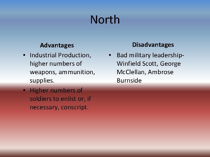 North Advantages • Industrial Production, higher numbers of weapons, ammunition, supplies. • Higher numbers