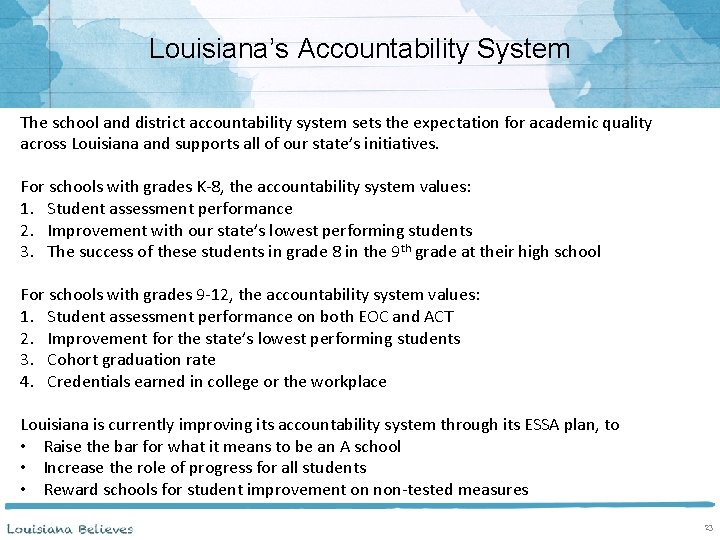 Louisiana’s Accountability System The school and district accountability system sets the expectation for academic