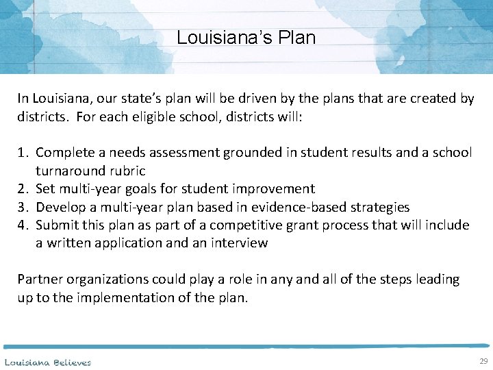 Louisiana’s Plan In Louisiana, our state’s plan will be driven by the plans that