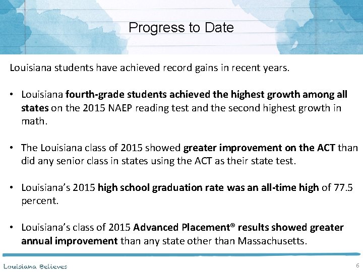Progress to Date Louisiana students have achieved record gains in recent years. • Louisiana