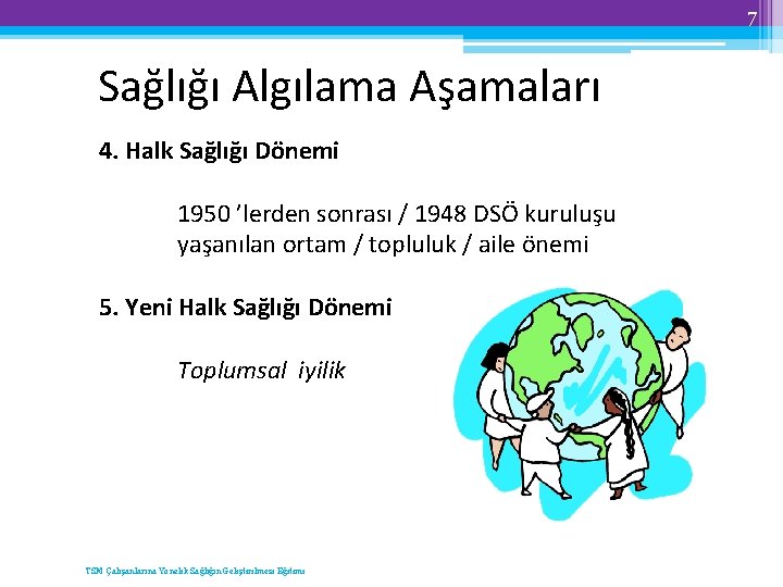 7 Sağlığı Algılama Aşamaları 4. Halk Sağlığı Dönemi 1950 ’lerden sonrası / 1948 DSÖ