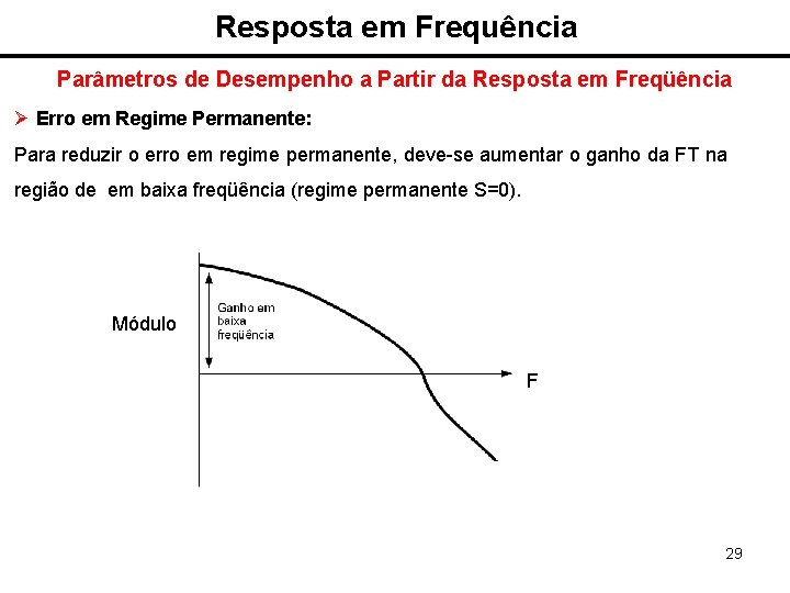 Resposta em Frequência Parâmetros de Desempenho a Partir da Resposta em Freqüência Ø Erro