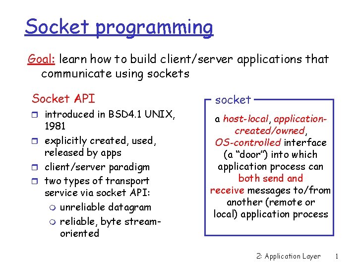 Socket programming Goal: learn how to build client/server applications that communicate using sockets Socket