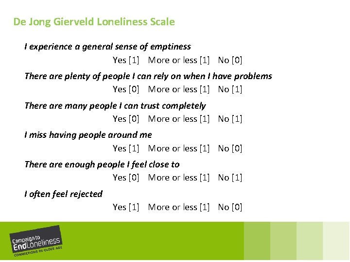 De Jong Gierveld Loneliness Scale I experience a general sense of emptiness Yes [1]