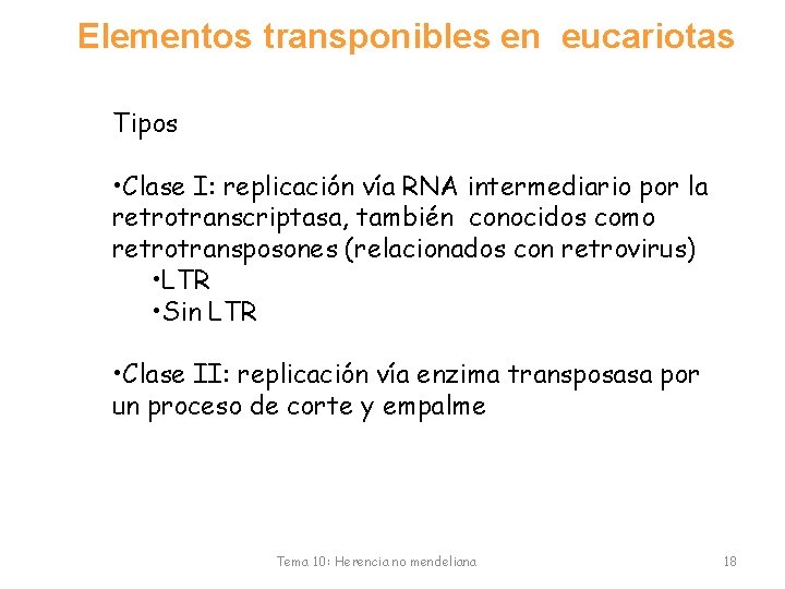 Elementos transponibles en eucariotas Tipos • Clase I: replicación vía RNA intermediario por la