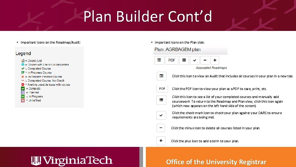 Plan Builder Cont’d • Important icons on the Roadmap/Audit: • Important Icons on the