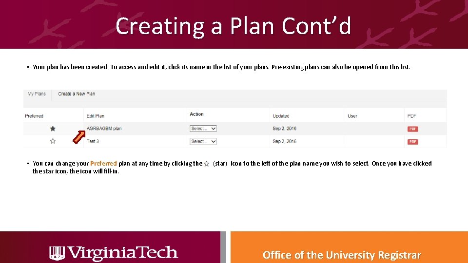 Creating a Plan Cont’d • Your plan has been created! To access and edit