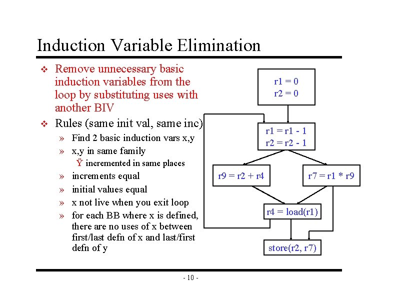 Induction Variable Elimination v v Remove unnecessary basic induction variables from the loop by