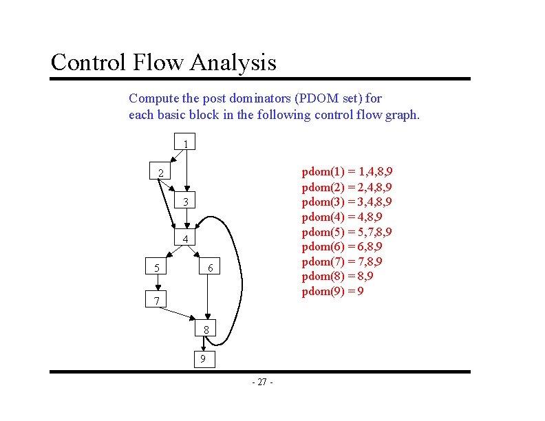 Control Flow Analysis Compute the post dominators (PDOM set) for each basic block in