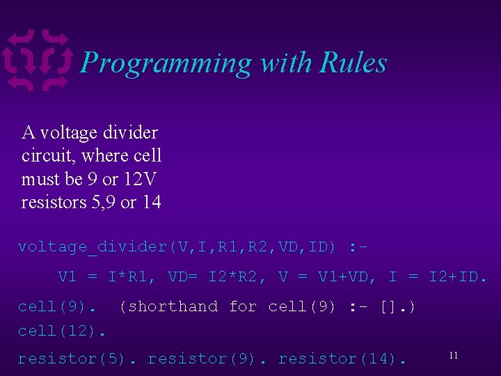 Programming with Rules A voltage divider circuit, where cell must be 9 or 12