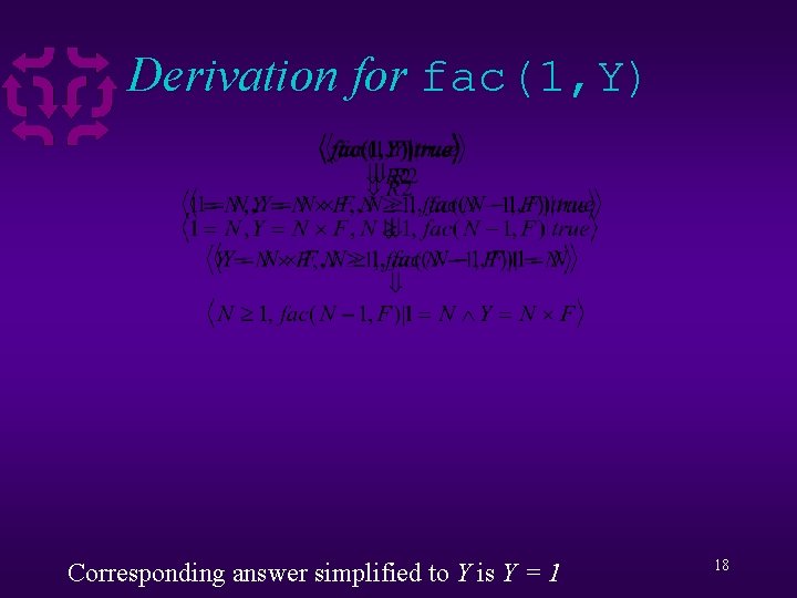 Derivation for fac(1, Y) Corresponding answer simplified to Y is Y = 1 18