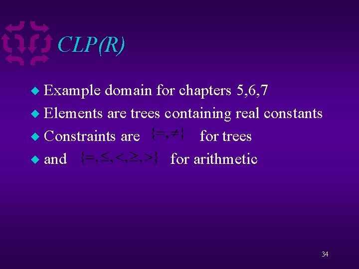 CLP(R) Example domain for chapters 5, 6, 7 u Elements are trees containing real