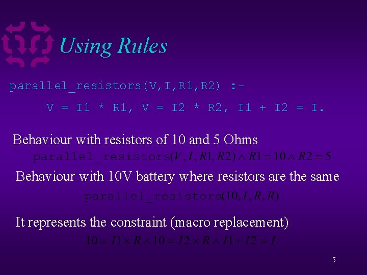 Using Rules parallel_resistors(V, I, R 1, R 2) : V = I 1 *
