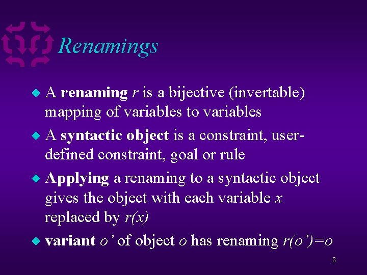 Renamings A renaming r is a bijective (invertable) mapping of variables to variables u