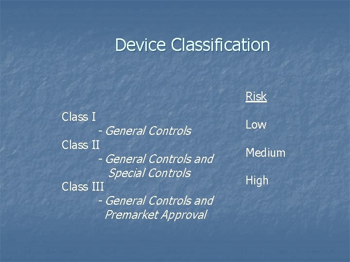 Device Classification Risk Class I - General Controls Low - General Controls and Special