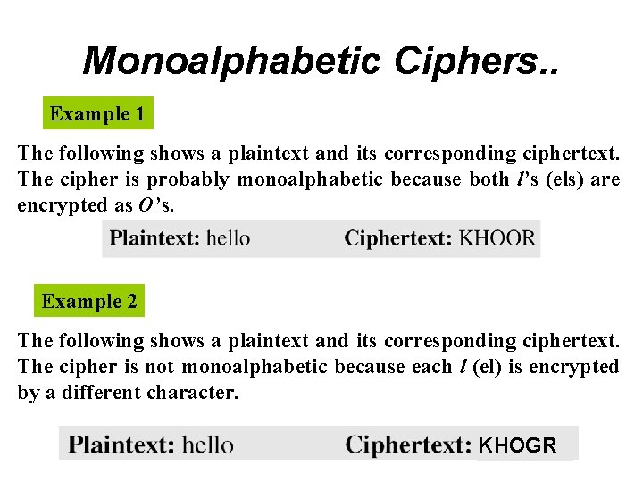 Monoalphabetic Ciphers. . Example 1 The following shows a plaintext and its corresponding ciphertext.